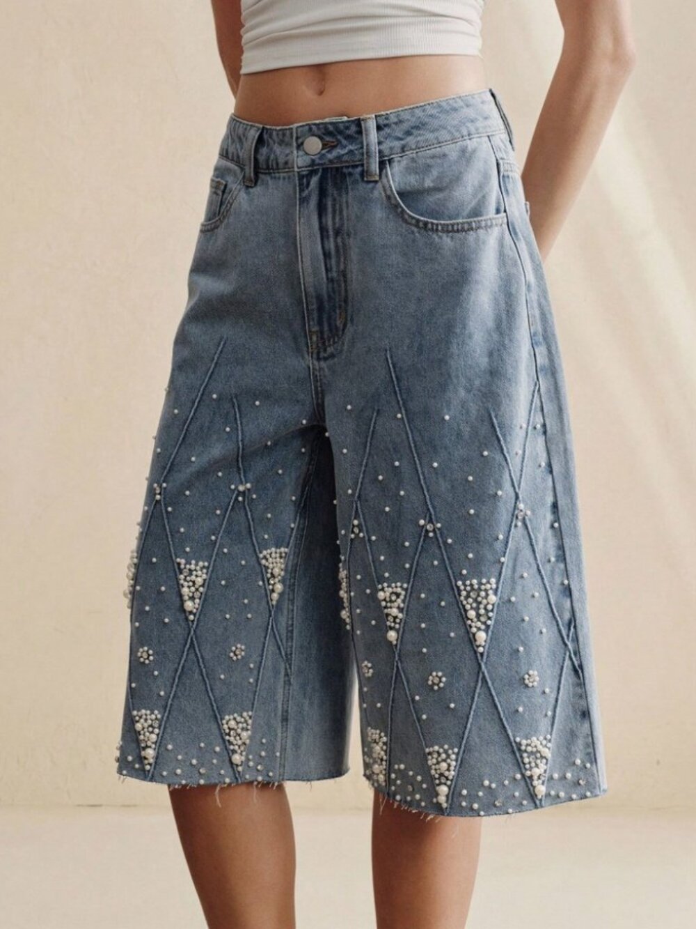 Blue Denim Pearl Diamond-Quilted Embellished Capri Shorts - Raw Hem